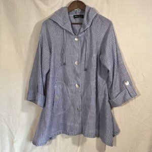 Blue & White Striped Hooded Cape Jacket, Oversized, Linen-Cotton Blend